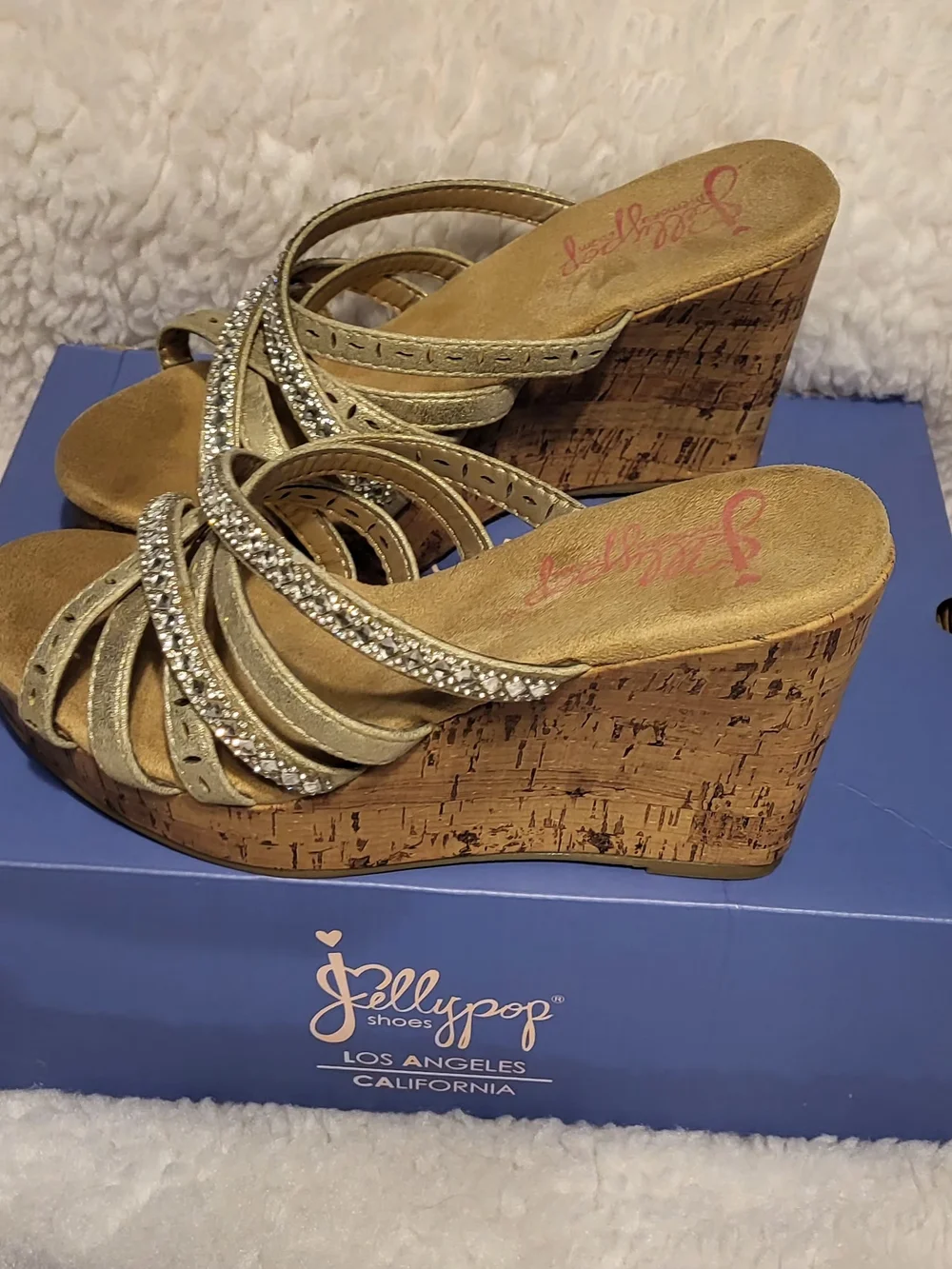 Jellypop Gold Strappy Rhinestone Cork Wedge Sandals
